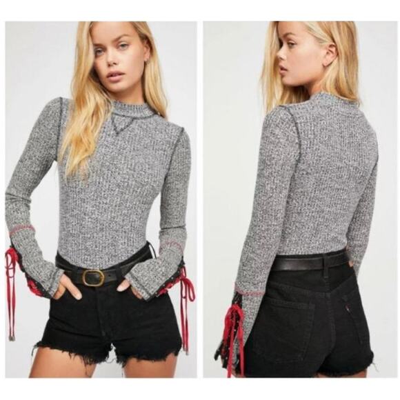 Free People Thermal Sweater Medium Gray Lace Up Sleeves Whimysgoth Grunge Vamp - Picture 1 of 9